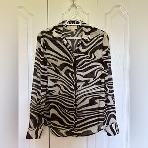 Michael Kors Black and White Zebra Notched Collar Button Down Shirt